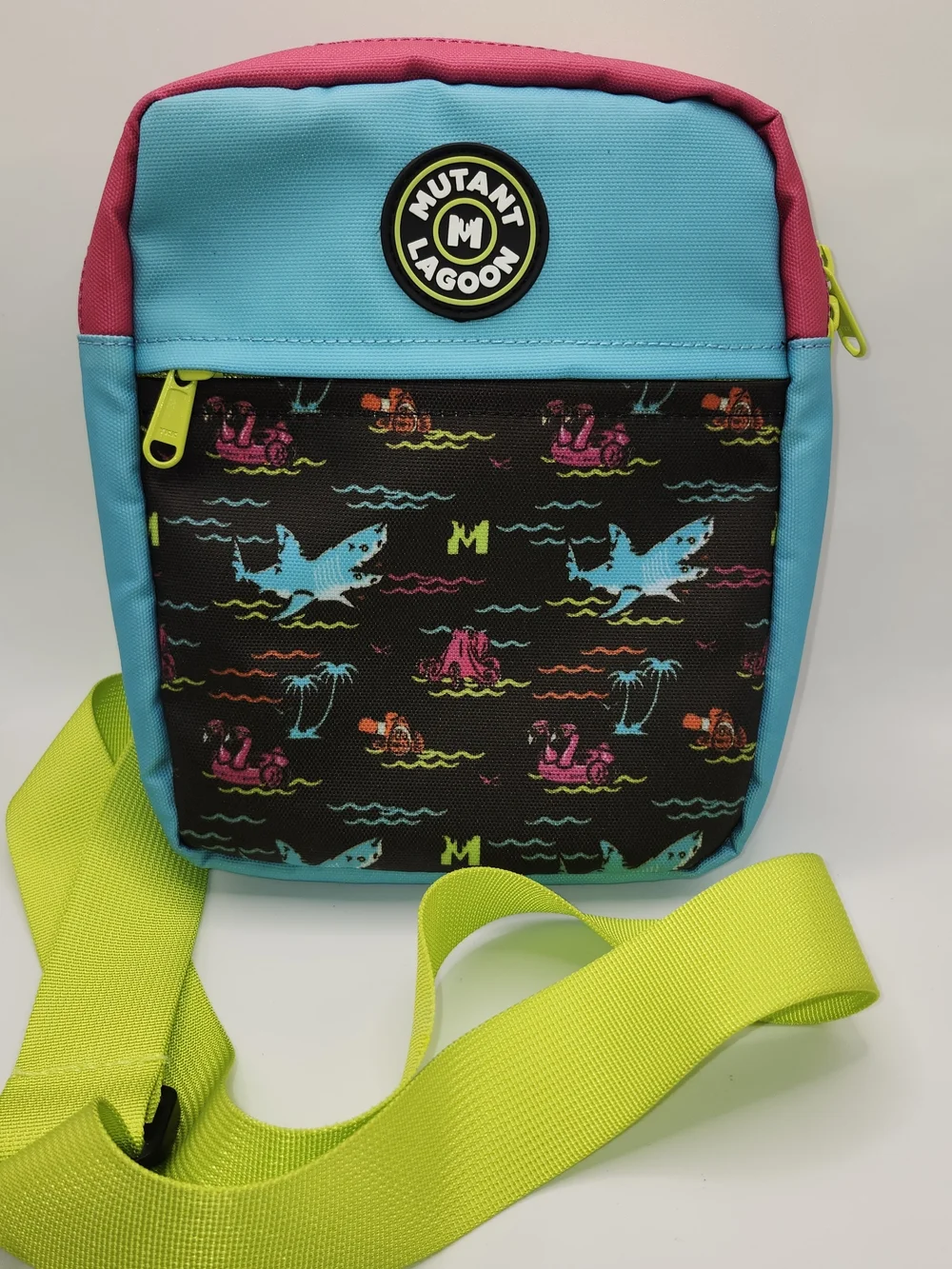 Mutant Lagoon Crossbody Bag/Kids Blue & Pink Crossbody Bag with Neon Green Strap